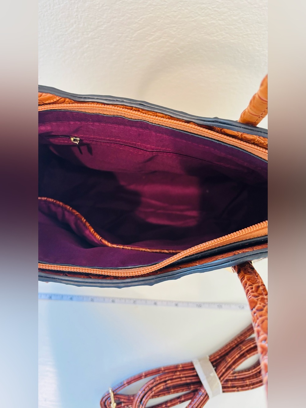 Croc-Embossed Shoulder Tote in Cognac Brown with Gold Accents and strap - Picture 13 of 15